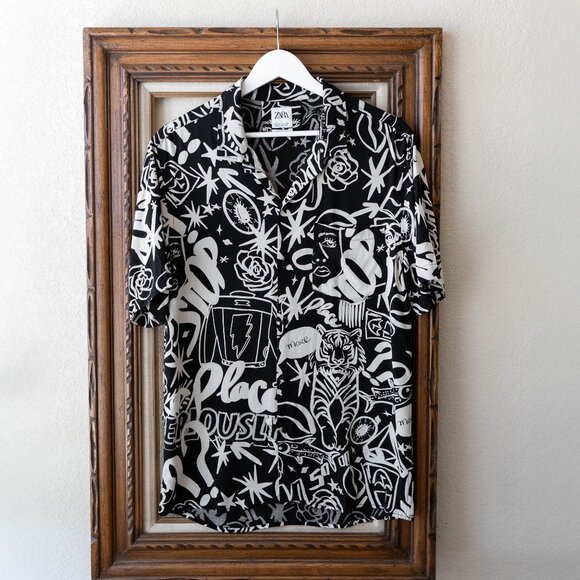 Zara Other - Zara Men's Button Up Sz S Black White Short Sleeve Graffiti Lightweight